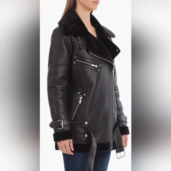 Avec Les Filles Faux Shearling Trim Faux Leather Oversized Biker Moto Jacket XS - Picture 2 of 13